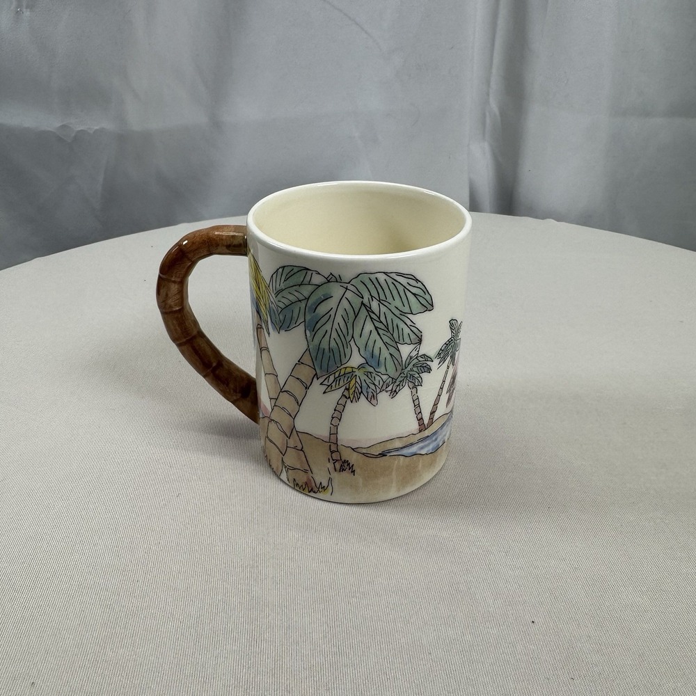 Vintage 1986 Five And Dime Coffee Mug Cup Sunrise Sunset Beach Palm Trees